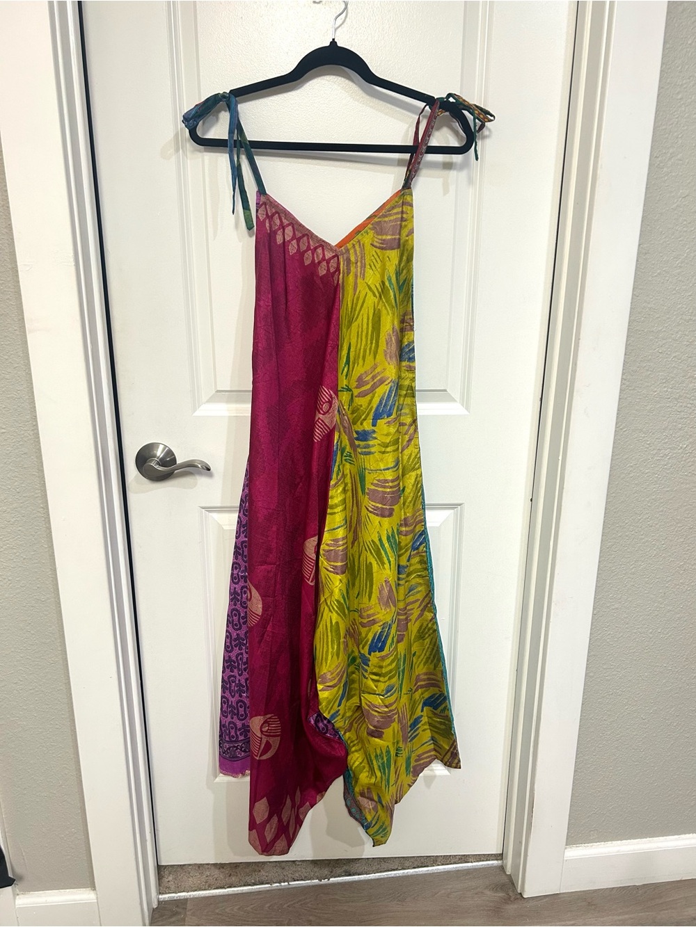 Jaded Gypsy Jumpsuit Asymmetrical Tie-Shoulder Maxi Dress in Magenta and Lime